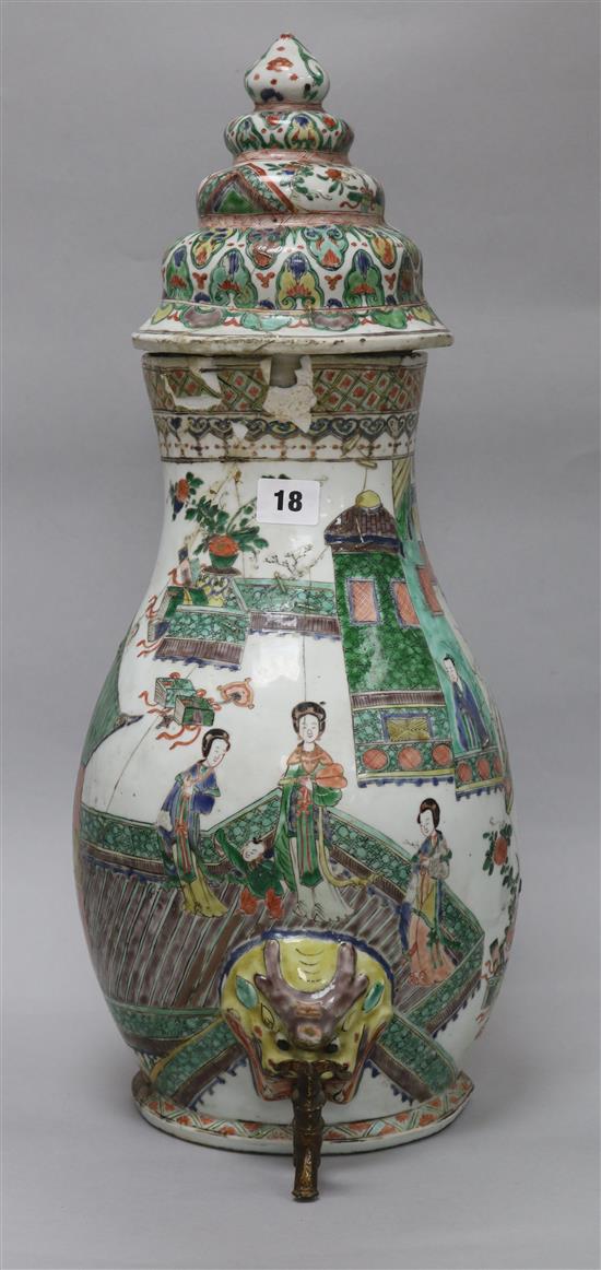A Chinese famille verte cistern and cover, Kangxi period, damage